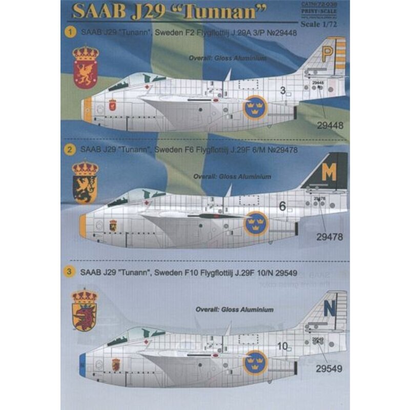 Saab J-29 Tunnan (9) Sweden No 29448 3/P F2 Sqn; No 29478 6/M F6 Sqn; 29549 10/N F10 Sqn; 29920 21/E F21 Sqn; 29438 9/T, 29581