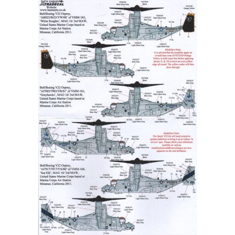 Bell-Boeing V-22 Osprey (3) 168 025 YW/00 VMM-165 caballeros blancos con puntas negras, VMM-161 167903 YR/01 Greyhawks con marca