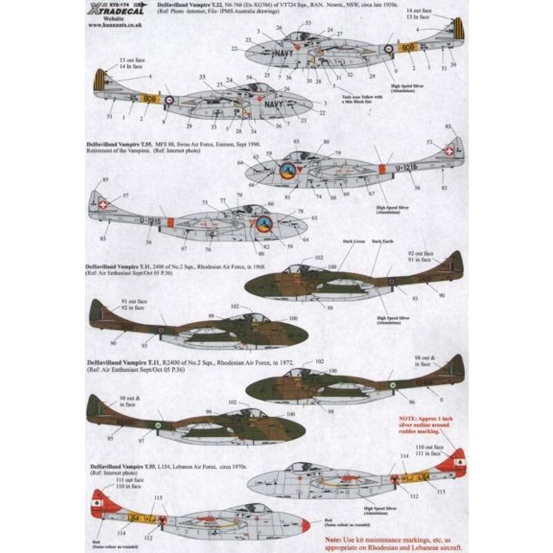 de Havilland Vampire T.55 Overseas operadores Part 2 (7) R Australian Navy XG766 VT724 Nowra, NSW 1950, Swiss AF U-1215 SFF 88 E
