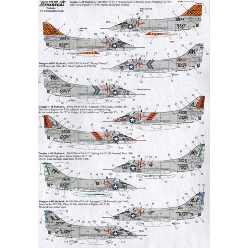 Douglas A-4B Skyhawk Part 2 ((7) 1428748 UE/27 VC-5 Checker Tails Cuba Point 1967; 142693 AK/310 VA-12 Flying Ubangis U.S.S Esse