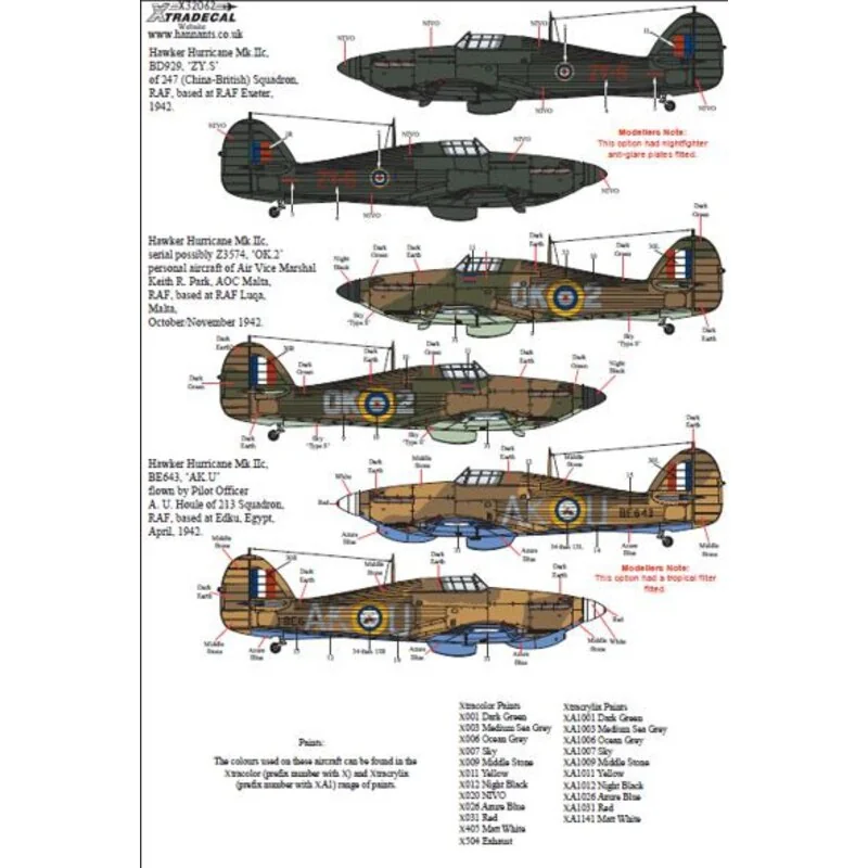 Hawker Hurricane Mk.IIc Pt 1 (3) BE643, AK-T P / S AUHoule 213 Sqn, Edku, Egipto, abril, 1942.BD929, ZY-S 247 (China y Gran Bret