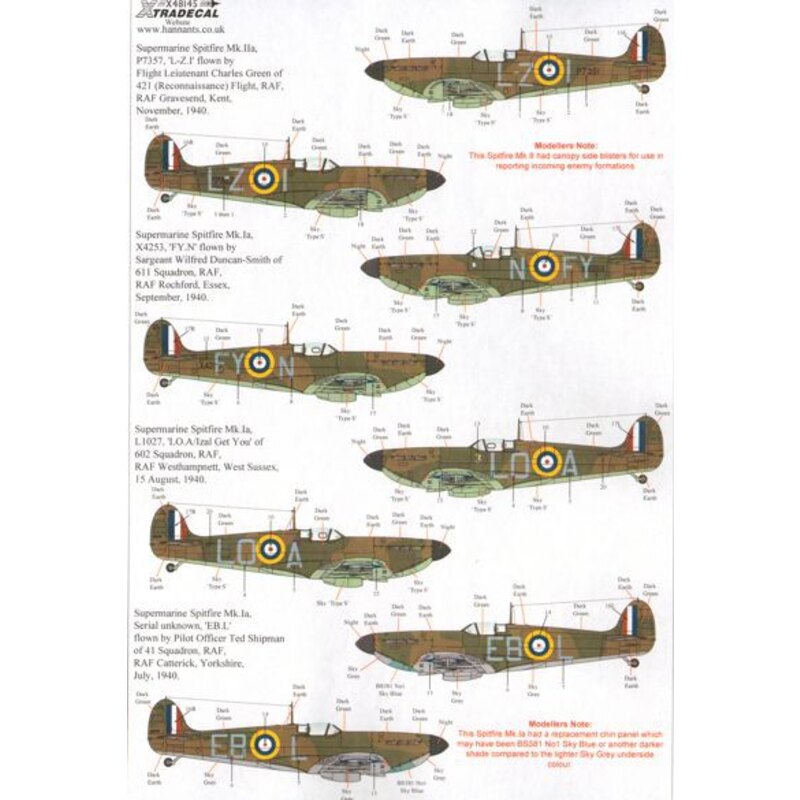 Spitfire Mk.Ia Batalla de Inglaterra 1940 Pt.2 1940 Batalla de Gran Bretaña (4) Desconocido EB-L 41 Sqn P / S Ted Shipman RAF Ca