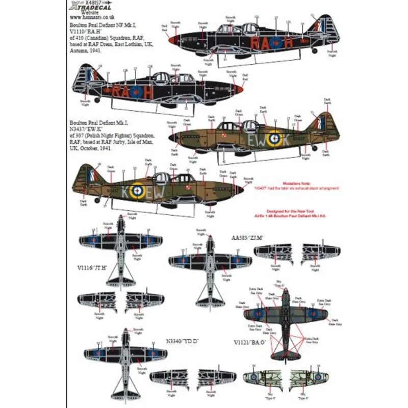 Boulton-Paul Defiant Mk / NF.II / ASR.Mk.I (6) Mk.I. N3340 YD-D 255 Escuadrón de la RAF Kirton-in-Lindsey 1941 - Mk N3437 EW-K 3